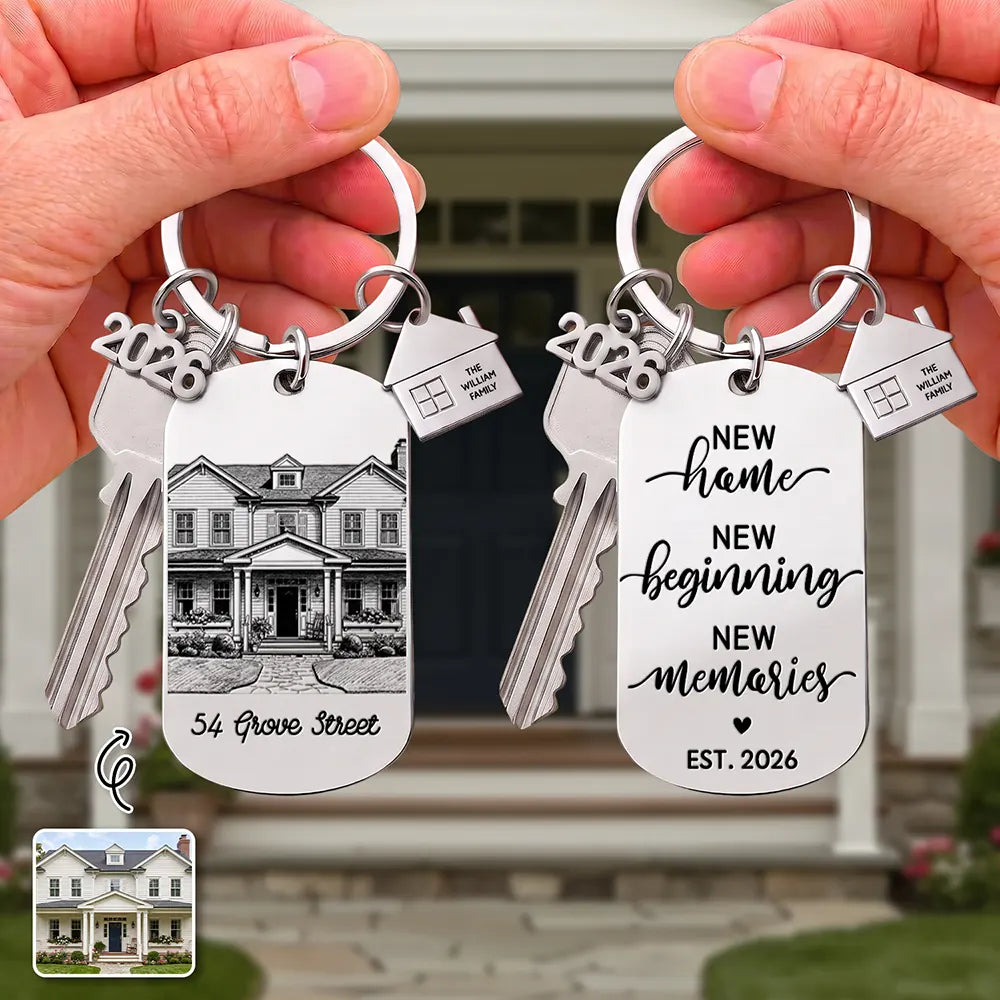 Personalized Photo Pencil Sketch New Home New Beginnings New Memories - Personalized Stainless Steel Keychain