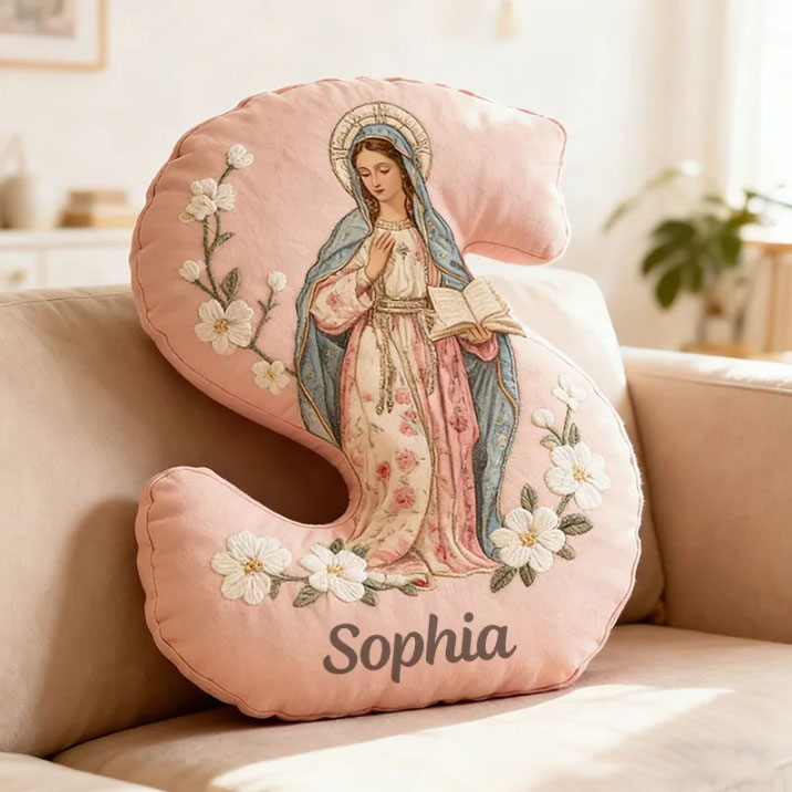 Personalized Virgin Mary Floral Letter Pillow with Custom Name Catholic Home Decor Religious Gift for Her Blessed Faith Gift Graphic 3D Print Pillow