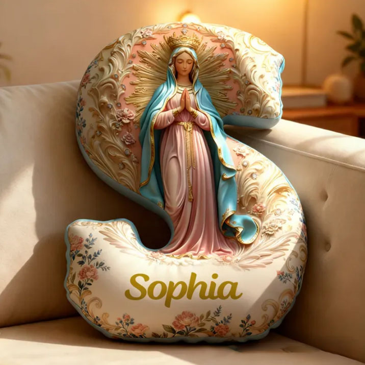 Personalized Golden Grace Virgin Mary Letter Pillow Graphic 3D Print Pillow with Name Home Decor Religious Gift Catholic Gift for Women