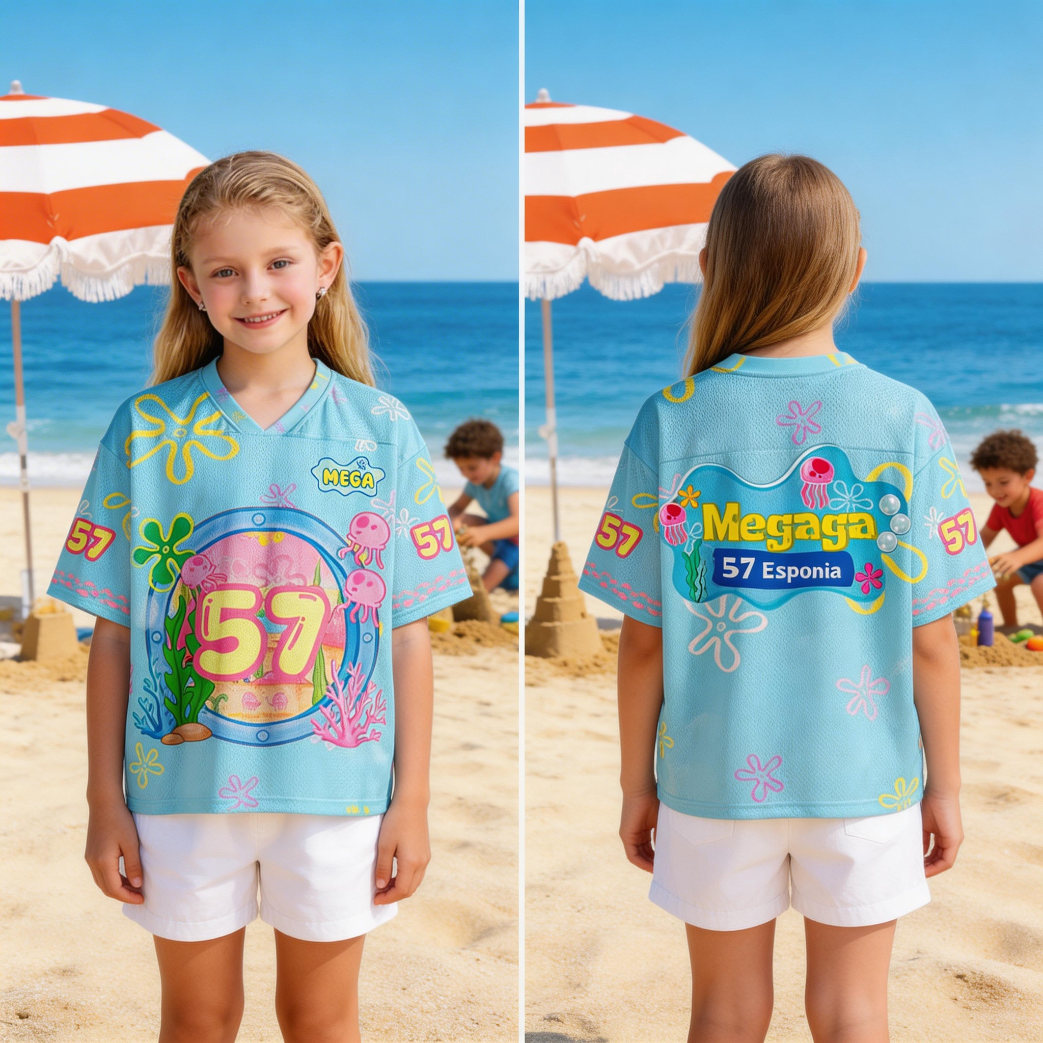 Personalized Kids and Aldult Summer Beach Outfit Set Cute Cartoon Ocean Theme Number Sports Jersey Top