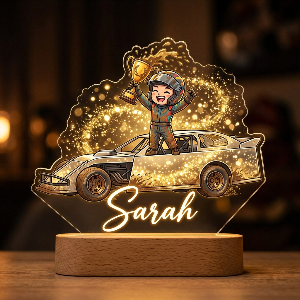 Personalized Cartoon Race Car Champion Racer Acrylic LED Night Light Personalized Name Lamp For Kids Racing Fans