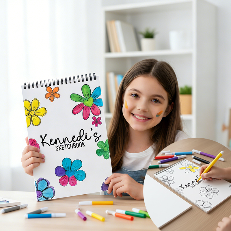 Personalized DIY Sketchbook for Kids Custom Name and Colorable Cover with 12 Watercolor Markers Girls Personalized Sketchbook, Kids Teens Custom Drawing Art Pad Books with Name Flower Art Pad