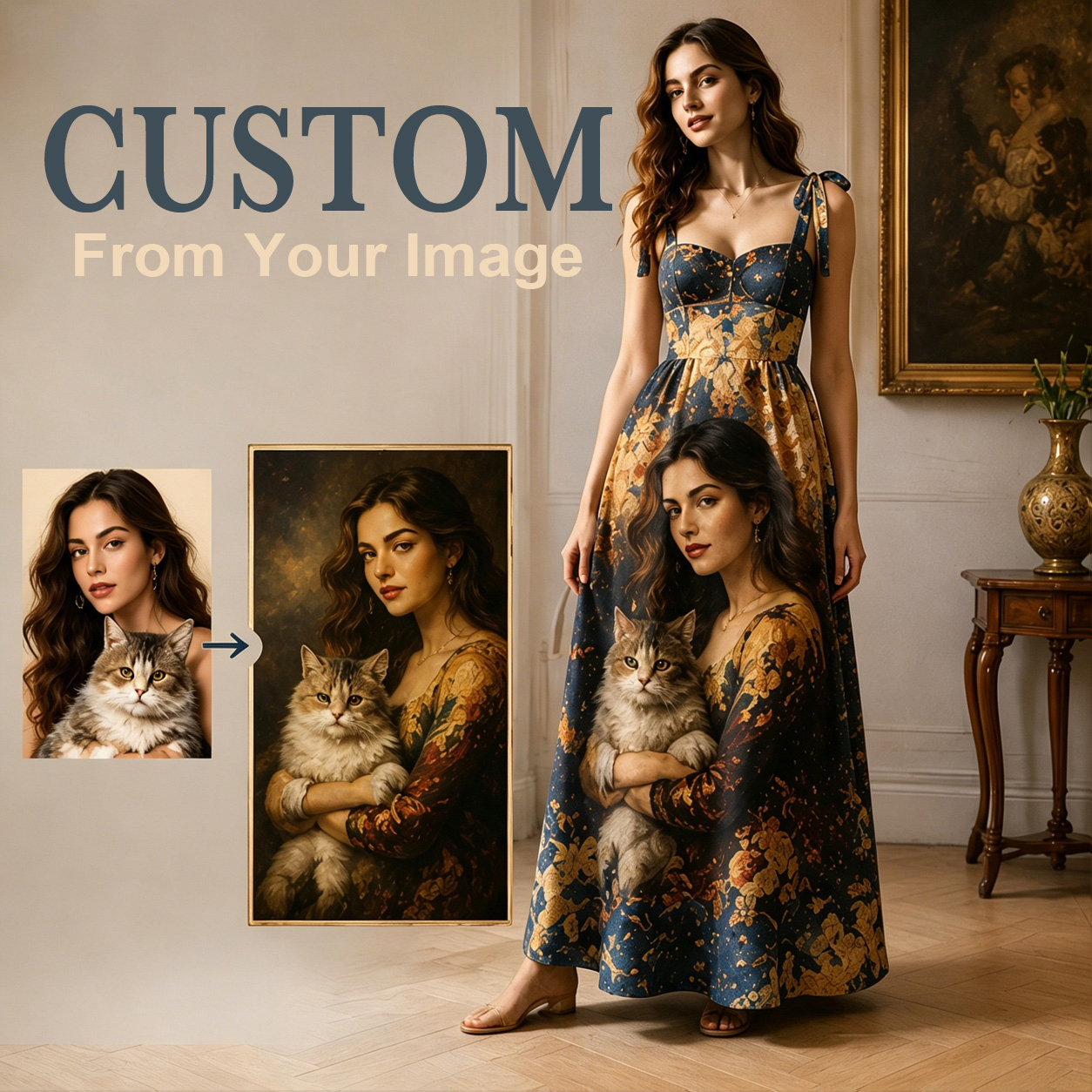 Personalized Retro Maxi Dress Custom Pet and Portrait Photo Print Gift for Her