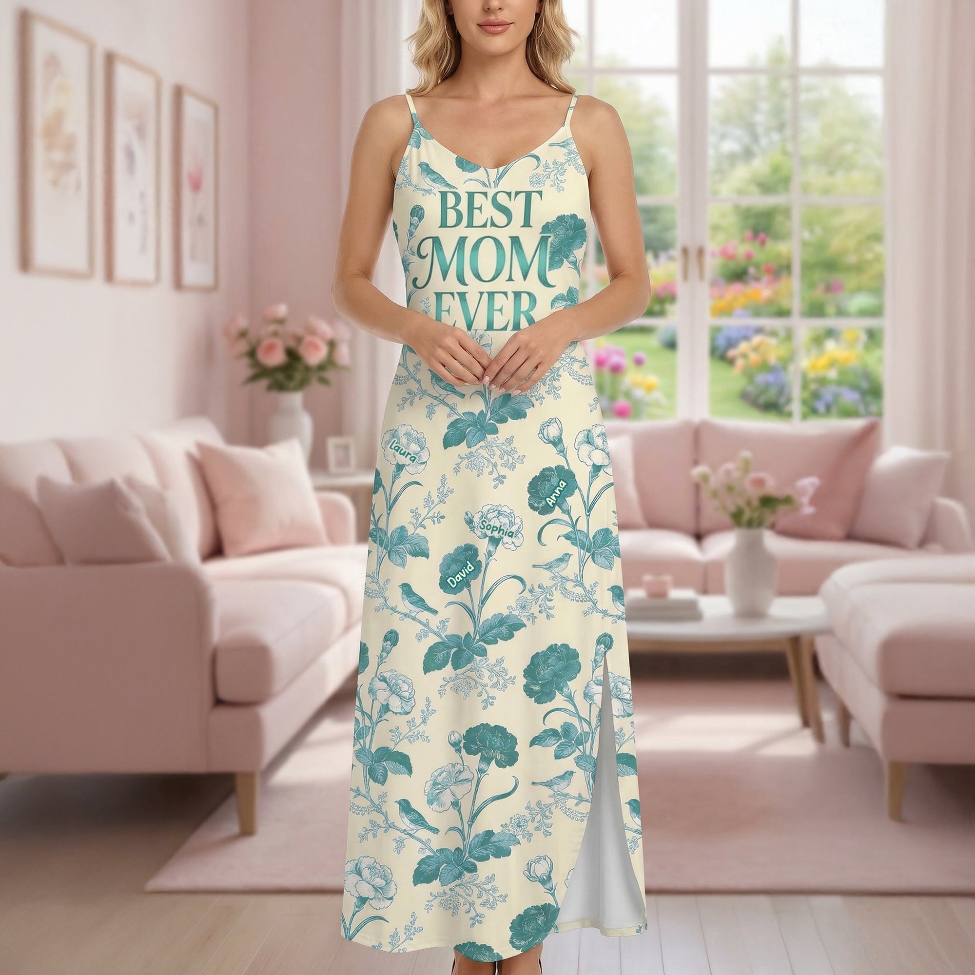 Personalized Flower Toile de Jouy Suspender Maxi Dress Gifts For Mom Mother's Day Gifts