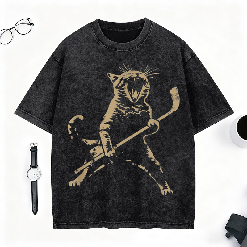 Personalized Cat Hockey Stick Washed T-Shirt Cat Playing Ice Hockey Gift for Hockey Lovers