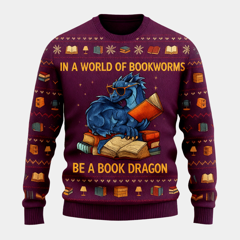 Personalized Funny Dinosaur Reading Ugly Christmas Sweater Gift for Book Lovers 