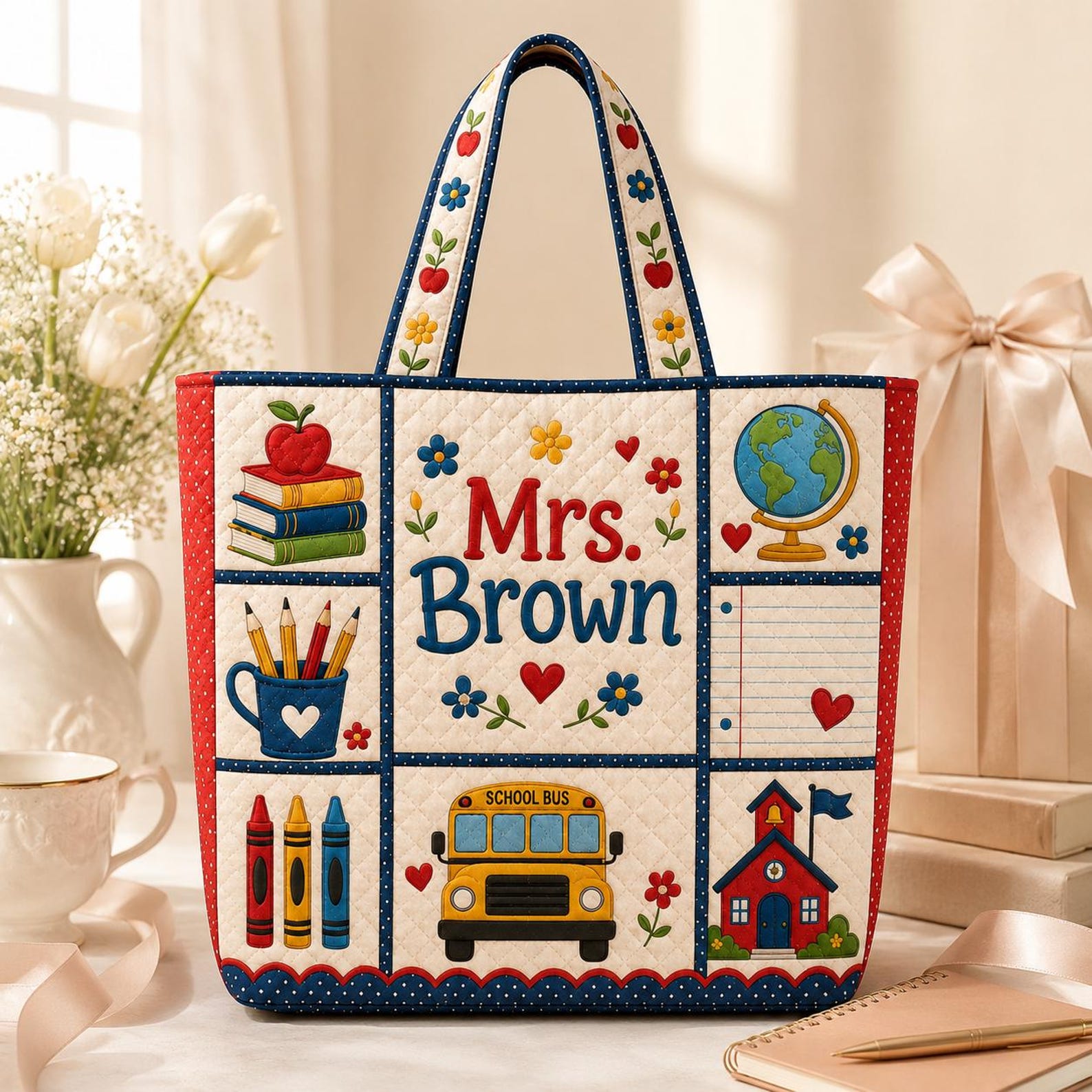 Personalized Teacher Quilted Tote Bag Custom Name School Bus Classroom Bag Teacher Appreciation Gift