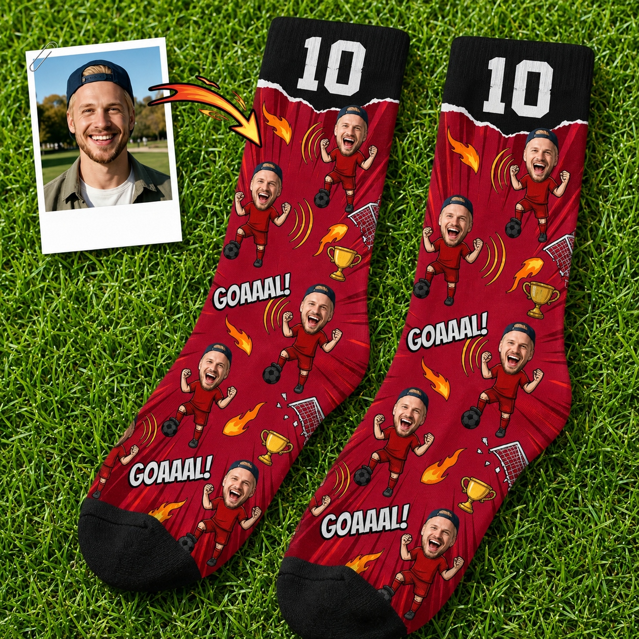Personalized Soccer GOAAAL! Photo Socks with Custom Face and Jersey Number – Epic Gift for Your Favorite Soccer Star