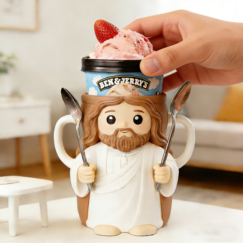 Personalized Jesus Cream Cozy Pint Holder 3D Printed with Spoon Slots & 2 Scoops for Ice Cream Lover Religious Christian Gift for Jesus Lover