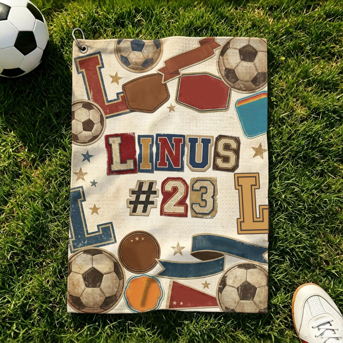 Personalized Vintage Soccer Towel Custom Name Retro Soccer Print Sports Hand Towel with Carabiner Hook Gift for Soccer Player