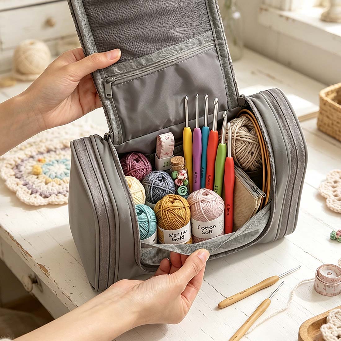 Personalized Crochet Storage Bag Water Resistant Crochet Storage Bag with Hanging Hook Custom Name with Birth Flower Crochet Tool Storage Bag Portable Storage Bag Large Capacity Multiple Pockets Organizer Bag