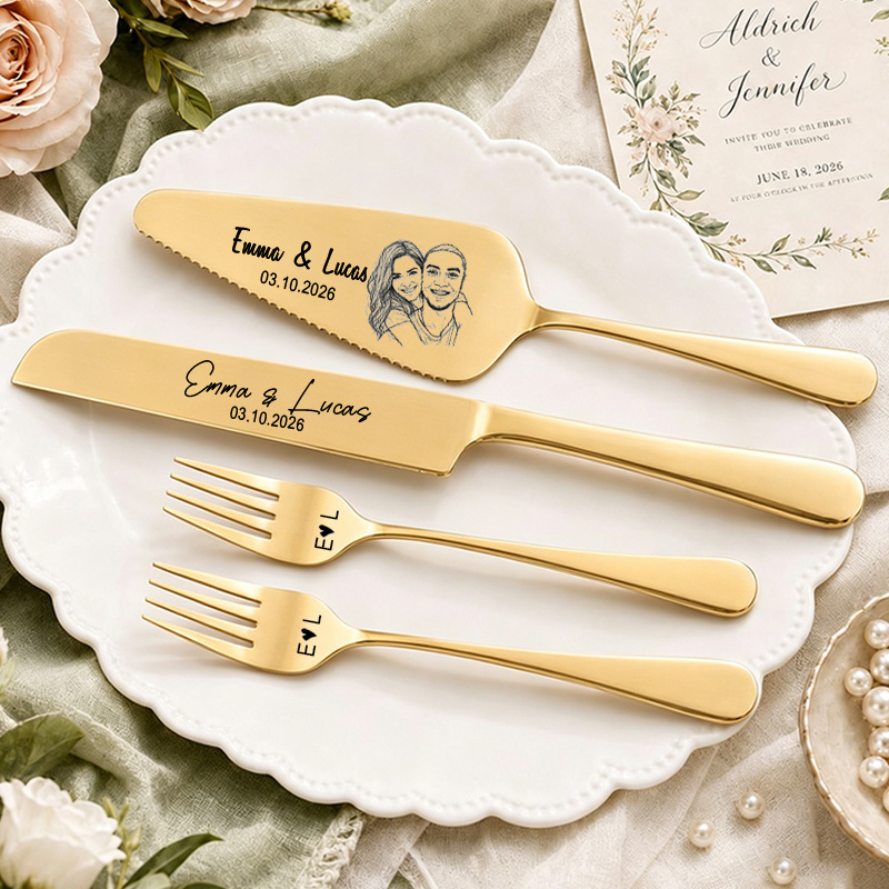 Personalized Wedding Cake Knife and Server Set Engraved Cake Cutting Utensils with Gift Box Couple Photo Face Wedding Cake Cutting Set Gift