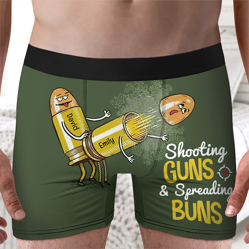 Personalized Man Shooting Guns & Spreading Buns Boxer Brief Custom Men Bullet Pattern Underwear with Name Valentines Day Gift for Boyfriend Husband