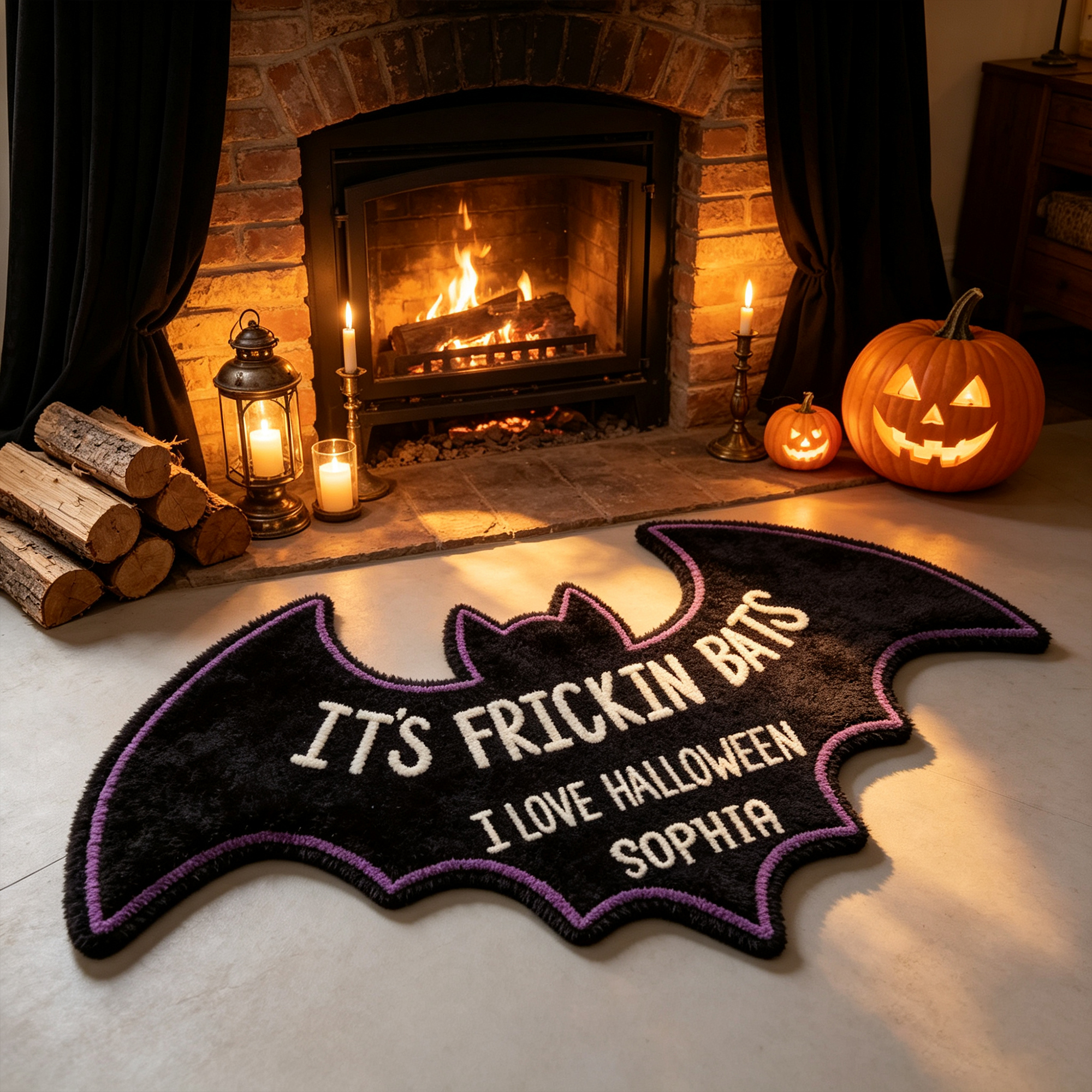 Personalized Halloween Bat Shaped Rug I Love Halloween Custom Name Gift for Halloween