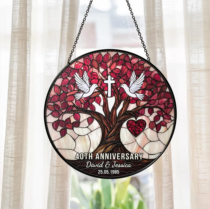 Personalized Dove Cross Christian Wedding Anniversary Stained Glass Suncatcher Ornament with Custom Name Window Hanging Decor Religious Gift for Couple Wedding Gift