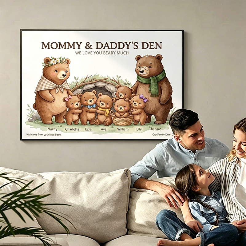 Personalized Bear Family Poster Frameless Framed Painting with 1-9 Kids Names Home Decor Birthday Mother's Day Father's Day Gift for Mom Dad