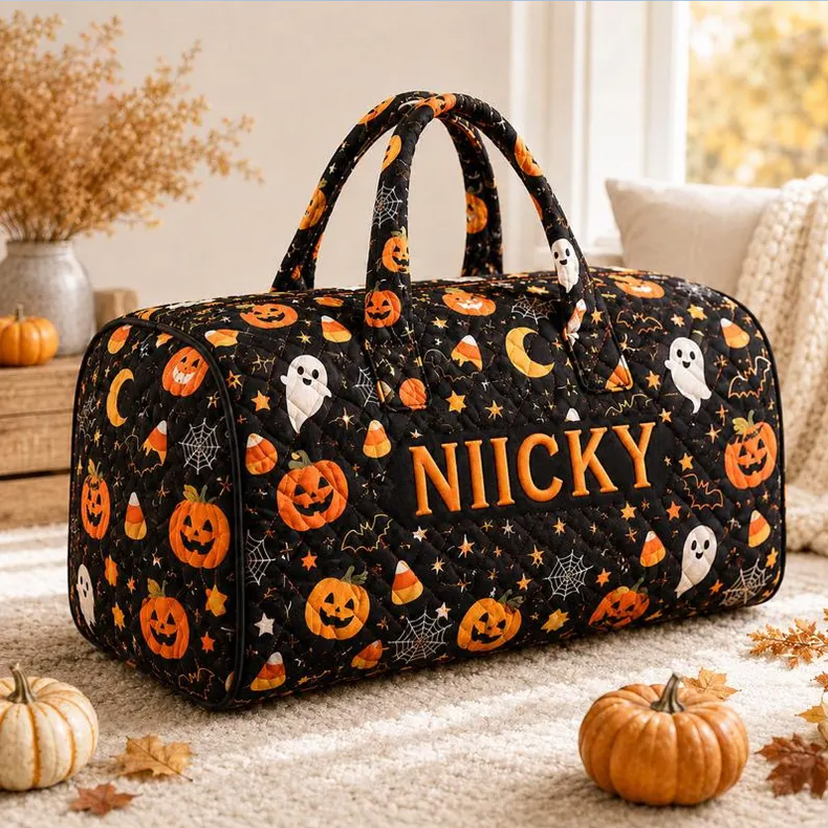 Personalized Halloween duffel bag featuring your custom name, with cute ghosts and pumpkin patch prints, perfect as a spooky weekender or overnight travel bag and a fun seasonal gift for her