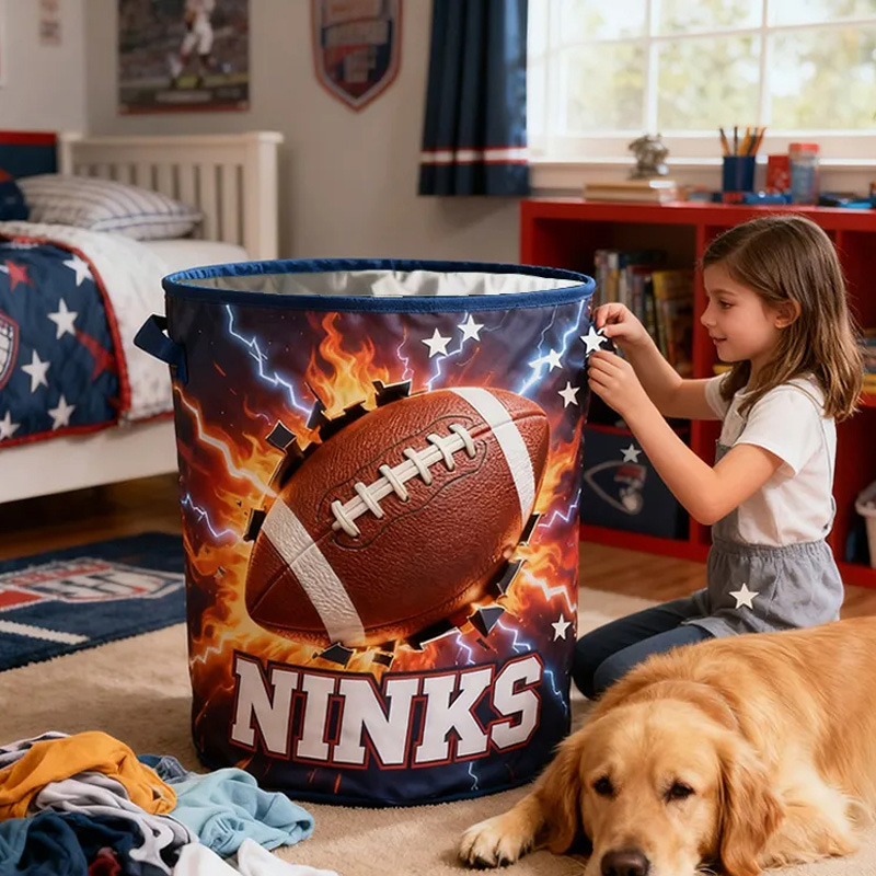 Personalized Football Storage Basket with Bold Lightning Design and Name for Young Athletes and Fans