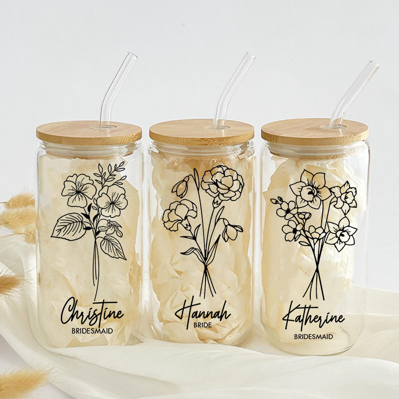 Personalized Stylish Bridesmaid Birth Flower Can Glasses with Lid and Straw Custom Bride Month Flower Coffee Cup Bridal Shower Bachelorette Party Gift