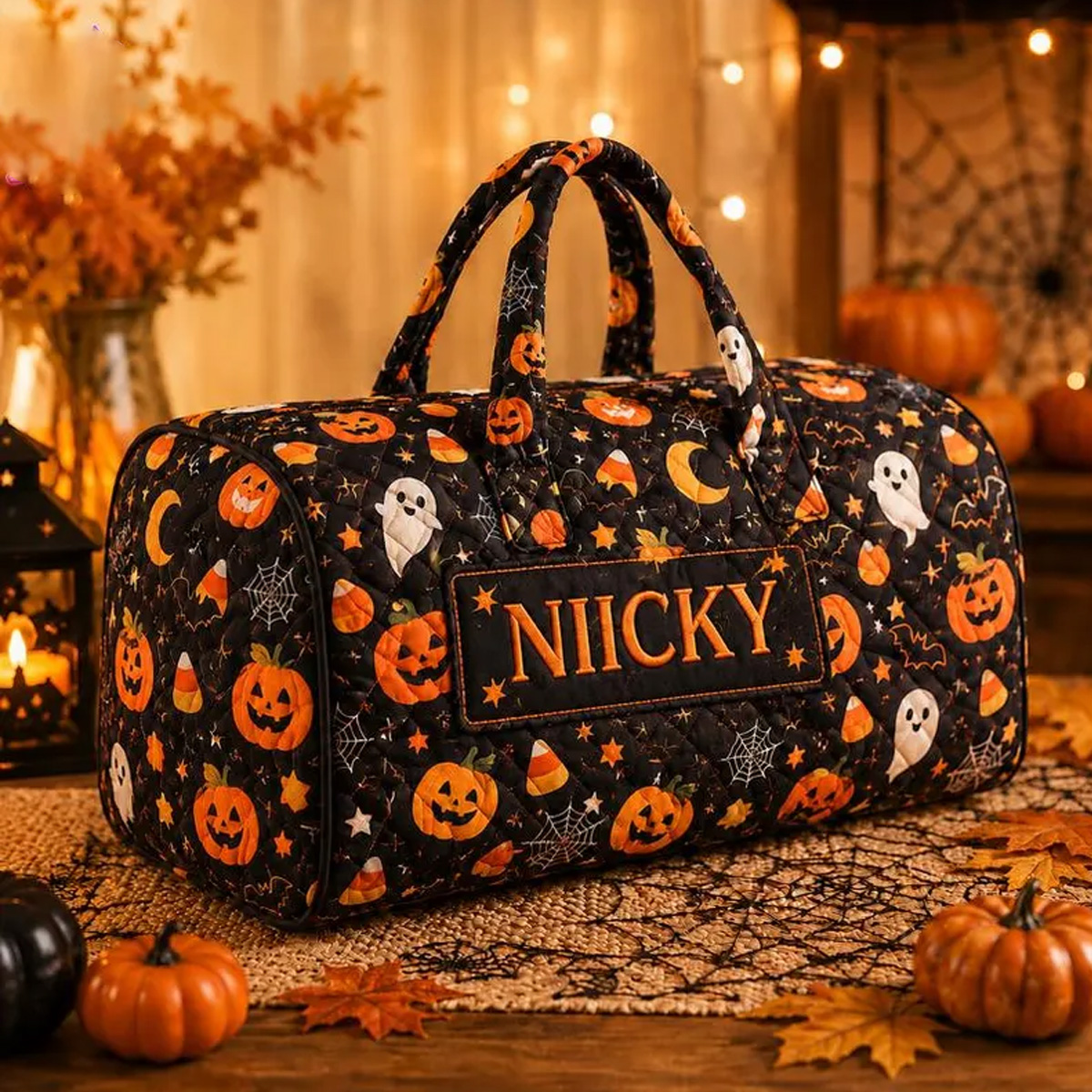 Personalized Halloween duffel bag featuring your custom name, with cute ghosts and pumpkin patch prints, perfect as a spooky weekender or overnight travel bag and a fun seasonal gift for her