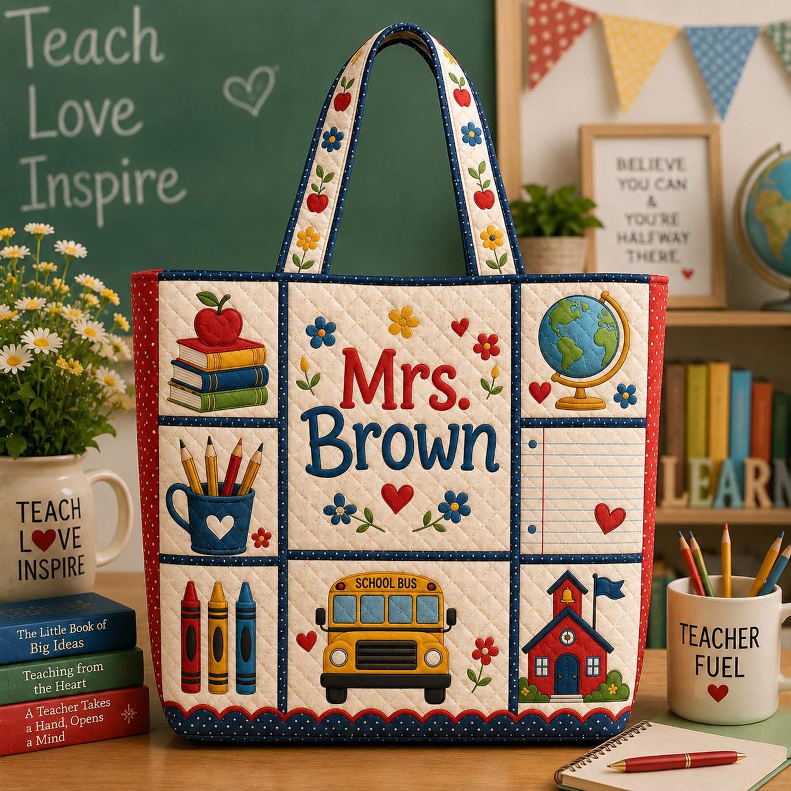 Personalized Teacher Quilted Tote Bag Custom Name School Bus Classroom Bag Teacher Appreciation Gift
