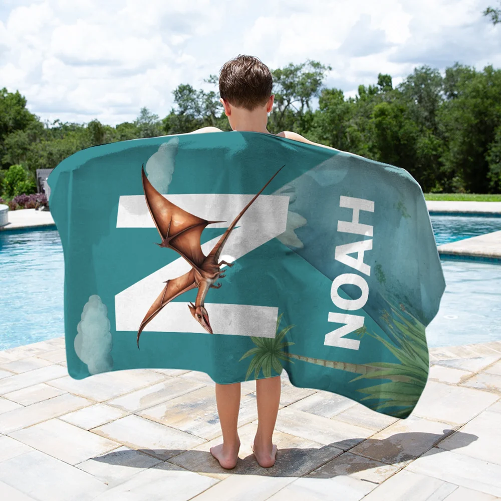 Personalized Cute Dinosaur Quick Dry Oversized Beach Towel with Name and Initial Travel Essential Summer Vacation Birthday Gift for Kids