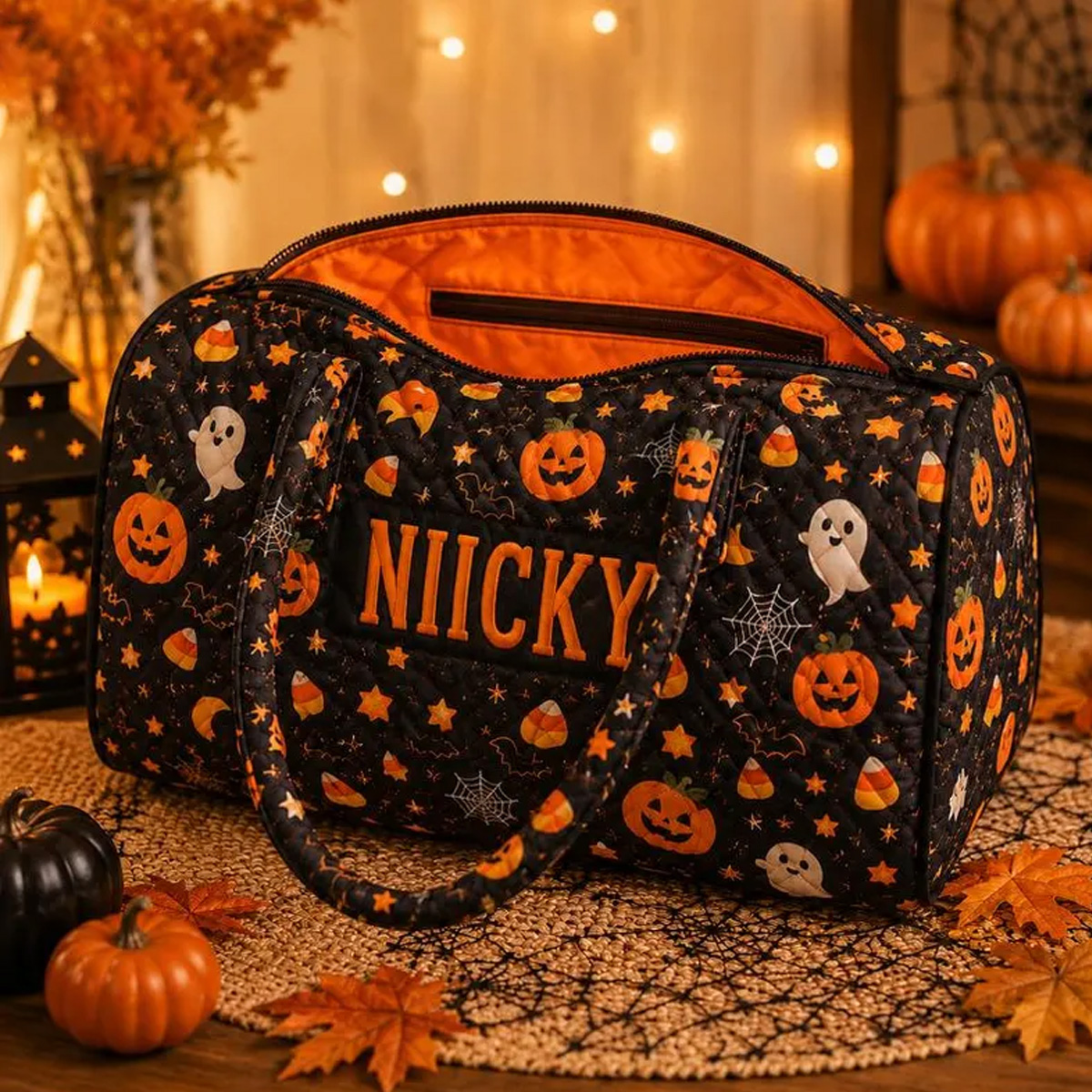 Personalized Halloween duffel bag featuring your custom name, with cute ghosts and pumpkin patch prints, perfect as a spooky weekender or overnight travel bag and a fun seasonal gift for her