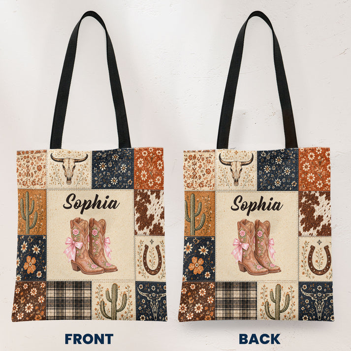 Personalized Cactus Boots Horseshoe Patchwork Style Gift For Western Girl - Personalized Tote Bag