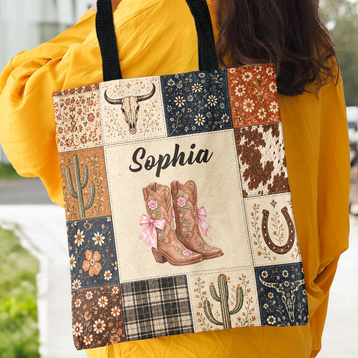 Personalized Cactus Boots Horseshoe Patchwork Style Gift For Western Girl - Personalized Tote Bag
