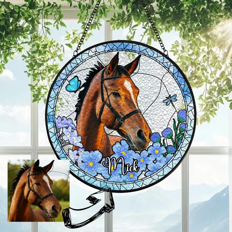Personalized Horse Stained Glass Suncatcher Photo Horse Loss Memorial Gifts for Equestrian Ridng Lovers 