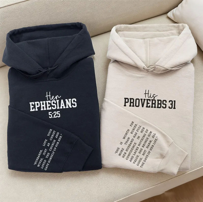 Personalized Christian Couple Classic Hoodies with Custom Name Bible Verse on the Sleeve Proverbs 31 Couple Matching Sweatshirt Valentine Day Gift