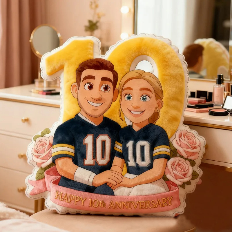 Personalized 10th Anniversary Football Player Pillow with Custom Couple Portrait and Romantic Floral Design Anniversary Gift Valentines Day