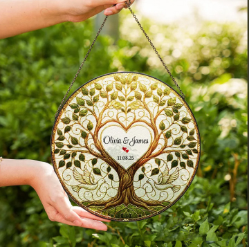 Personalized Tree of Life Wedding Stained Glass Suncatcher Ornament with Custom Name and Date Heart Dove Window Hanging Decor Religious Wedding Gift