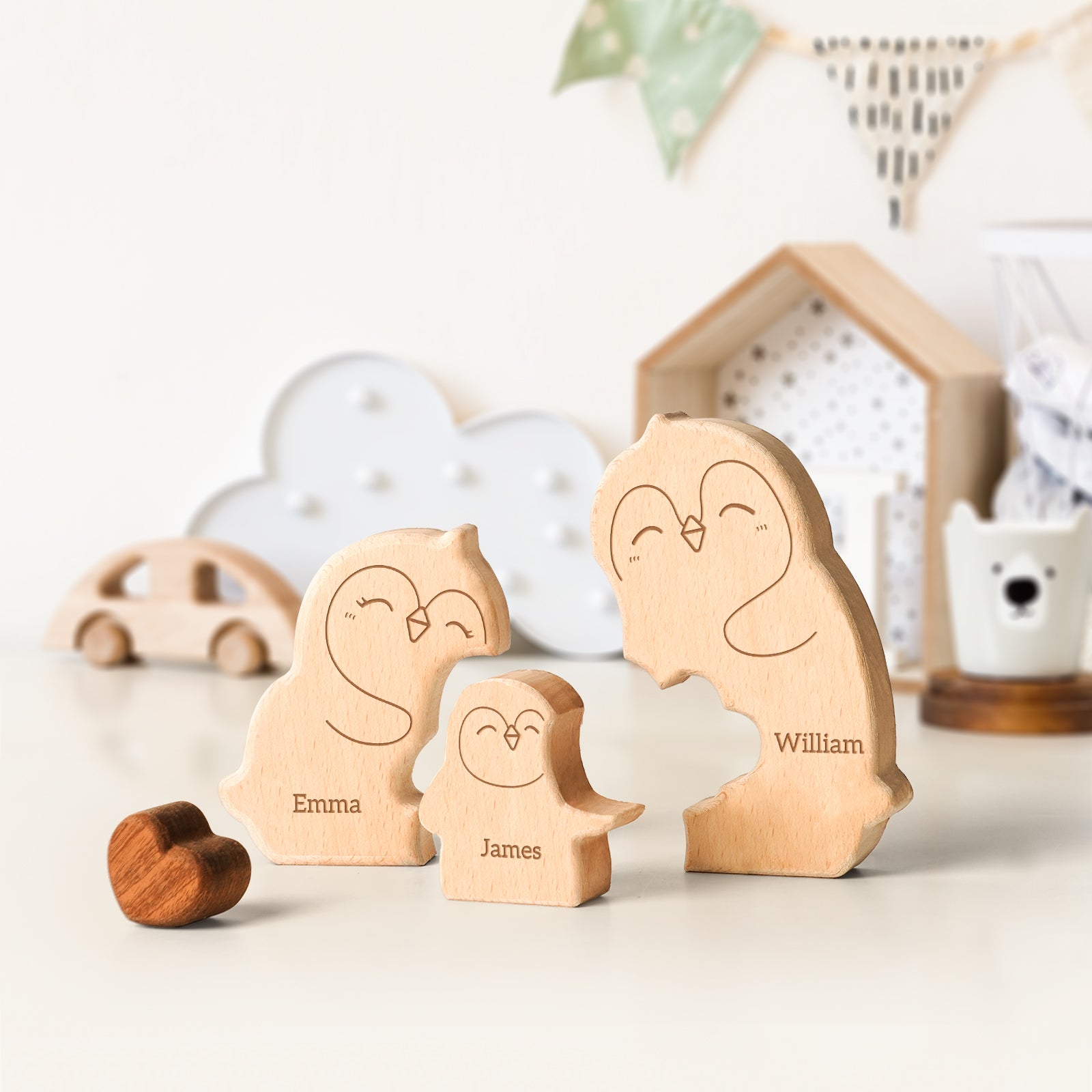 Personalized little Penguin Family Wooden Puzzle Ornament Holiday Gift Heartwarming Family Ornament