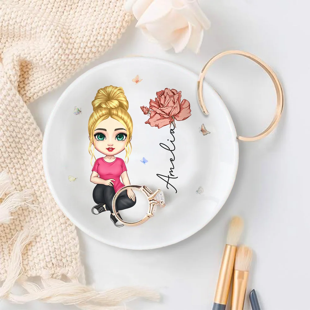 Personalized Cute Cartoon Character Ceramic Ring Dish Jewelry Tray with Birth Flower and Name Birthday Bridesmaid Wedding Gift for Her