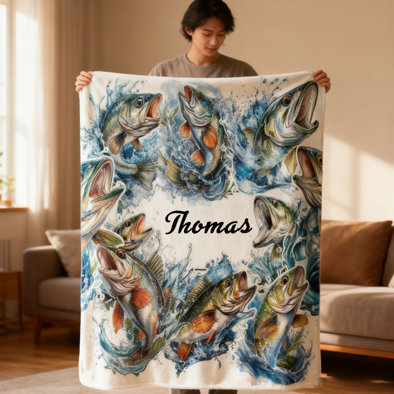 Personalized Fishing Blanket Bass Fish Design Custom Name Soft and Cozy Throw Perfect Gift for Anglers Fishermen and Outdoor Enthusiasts