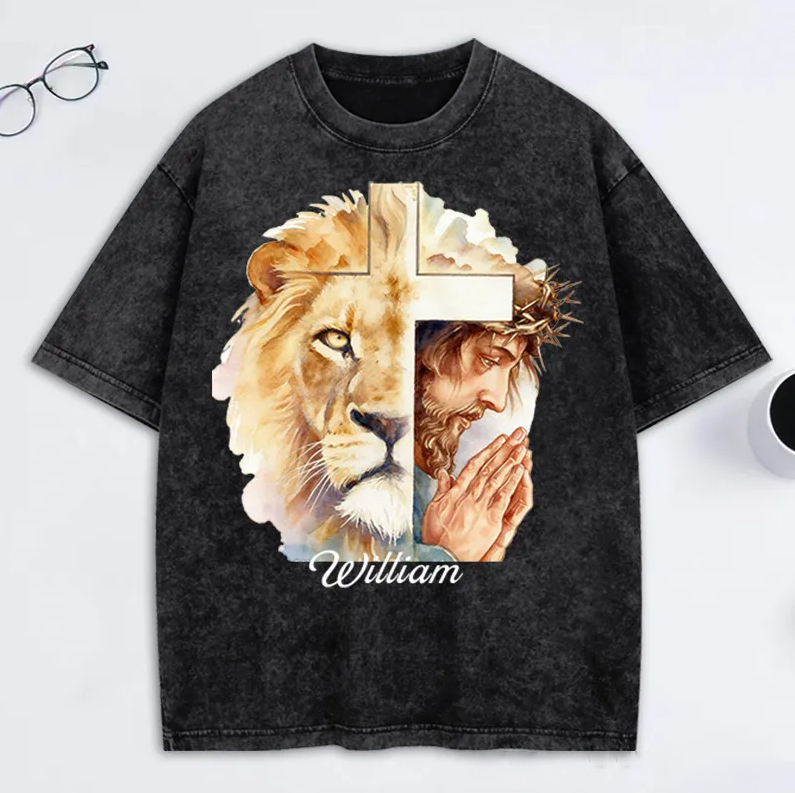 Personalized Man of God Lion of Judah Washed T-Shirt with Custom Name Jesus Tee Religious Gift Christian Gift for Men