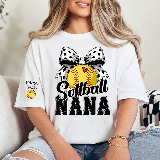 Personalized Softball Nana Shirt – Custom Grandma T‑Shirt with Bow and Name, Gift for Proud Softball Grandma