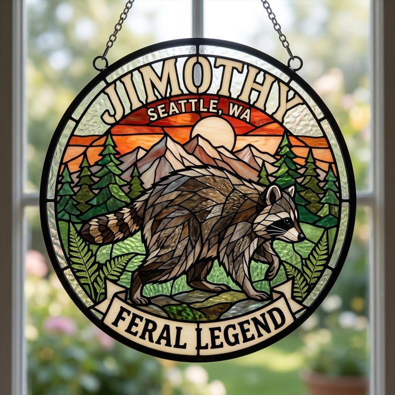 Raccoon Feral Legend Stained Glass Suncatcher Viral Seattle Meme Decor Cute Raccoon Ornament