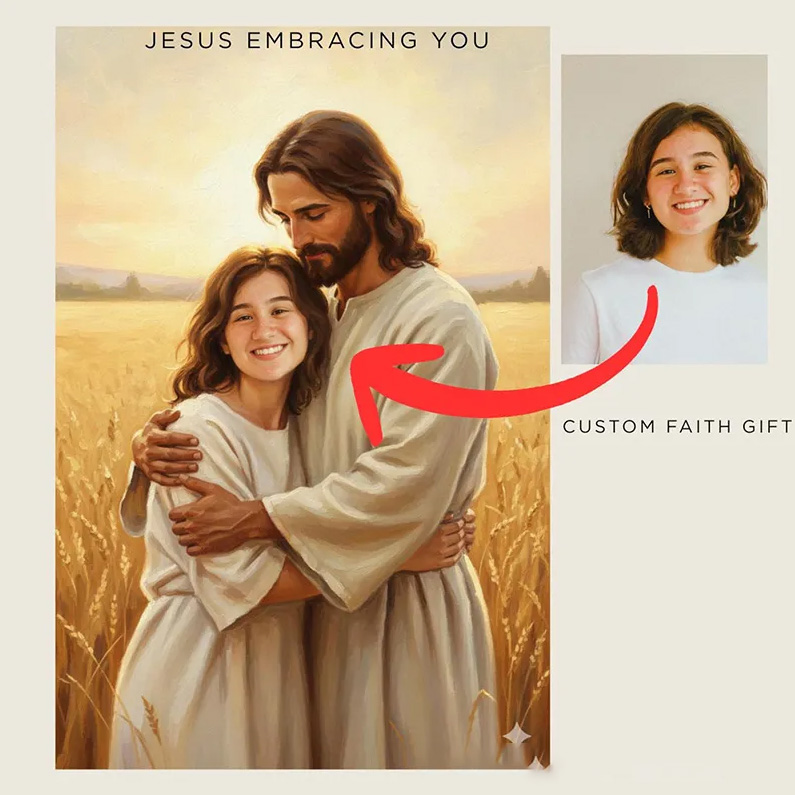 Personalized Jesus Embrace Poster with Custom Photo Wall Decor Christmas Christian Artwork Religious Painting Gift Faith Art Print