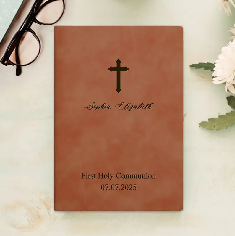 Personalized Communion Cross Prayer Journal Leather A5 Notebook with Custom Name Text Date Birthday Prayer Religious Gift for Christians Baptism Gift