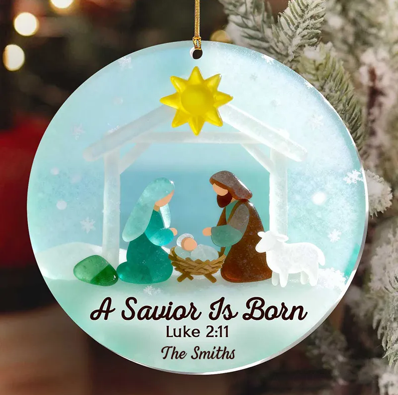Personalized a Savior is Born Nativity Scene Acrylic Ornament with Family Name Religious Gift Christmas Tree Decor Christmas Gift for Family