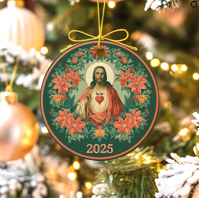 Personalized Sacred Heart of Jesus Ceramic Ornament with Year Religious Gift Christmas Home Decor Catholic Gift