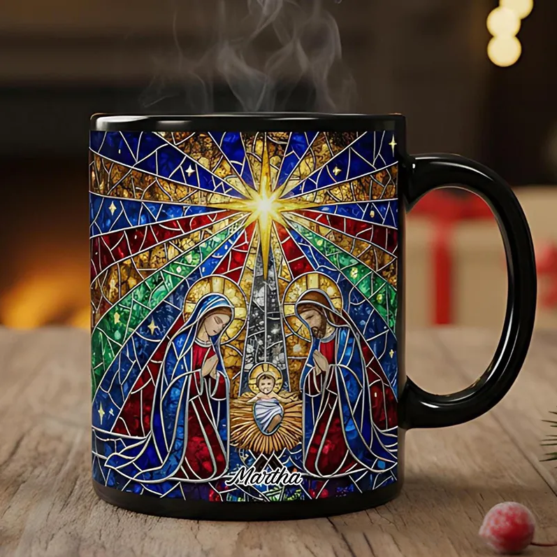Personalized Stained Glass Nativity Scene Ceramic Mug with Name Religious Gift Christmas Gift for Women and Men