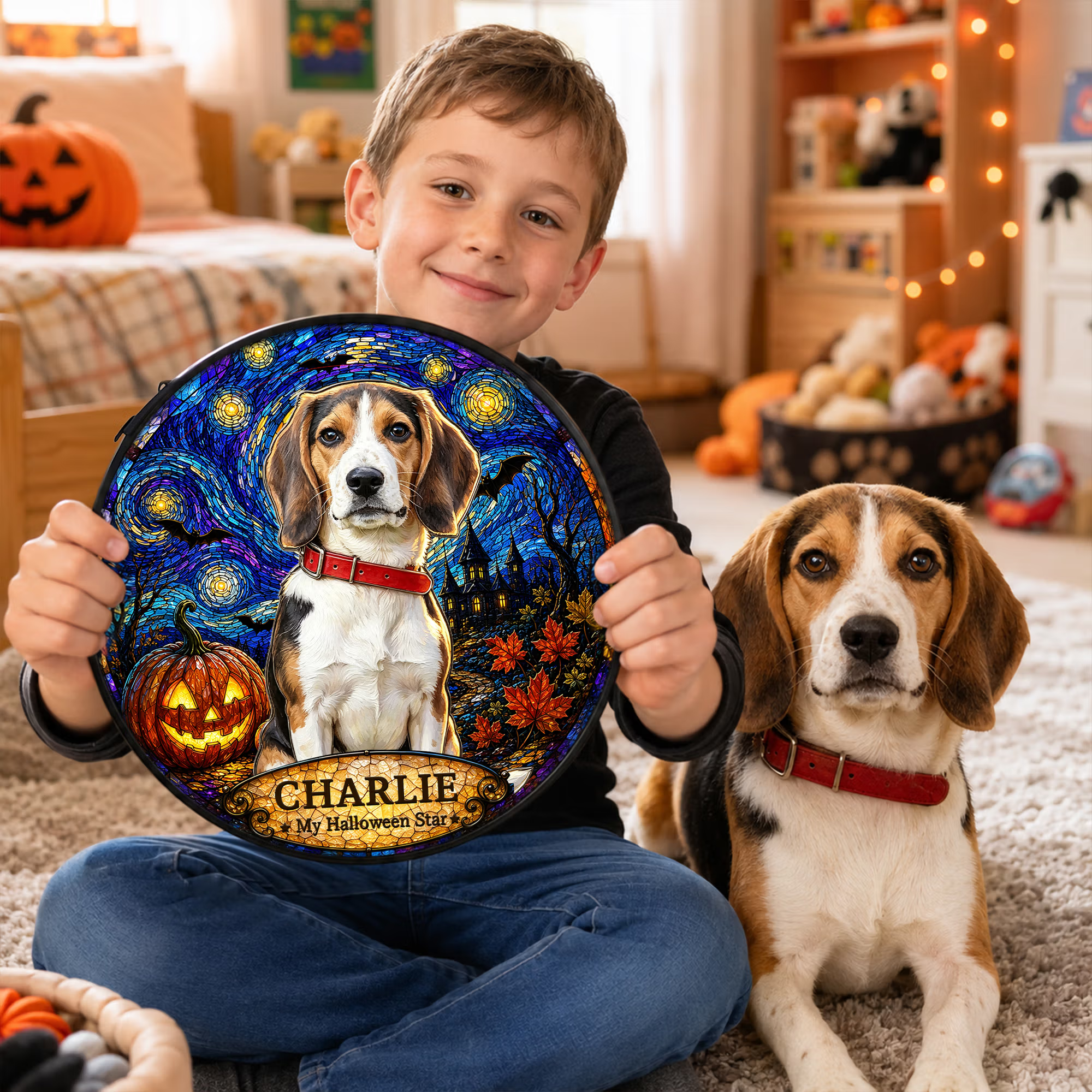 Personalized Stained Glass Style Van Gogh Art Pet Photo Window Hanging Suncatcher with Name Memorial Halloween Gift for Pet Owners