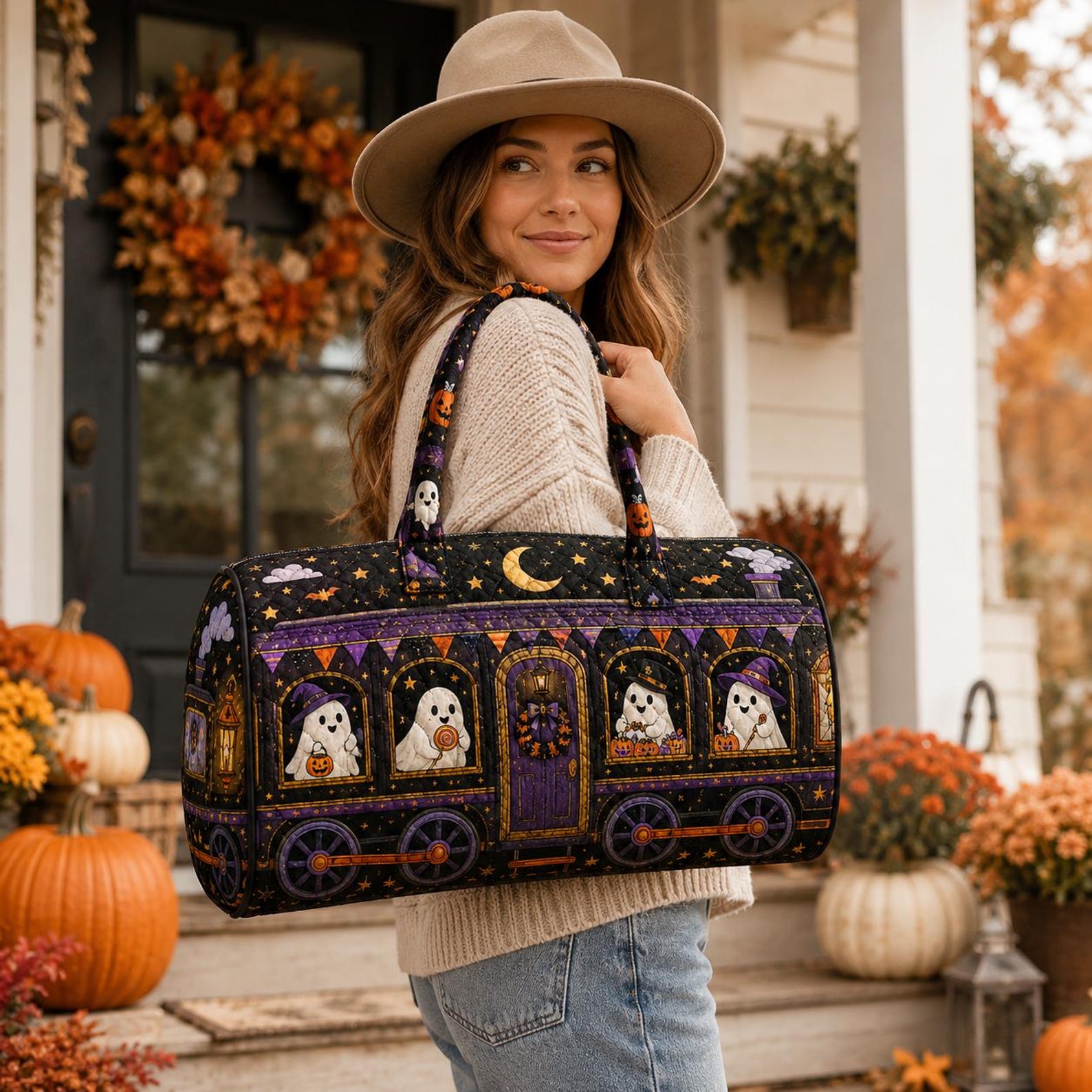 Ghoul Getaway Halloween Duffel Bag Spooky Ghost Travel Bag Haunted Road Trip Weekender Bag Quilted Halloween Overnight Bag