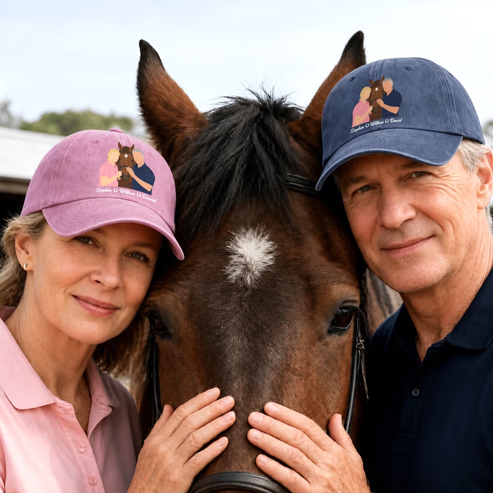 Personalized Multicolor Cartoon Horse & Rider Baseball Cap with Name, Custom Photo Print, Everyday Wear Equestrian Hat Gift for Friends and Horse Lovers