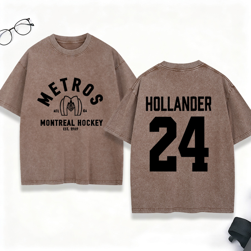 Personalized Hollander 24 HR Washed T-Shirt Vintage Hockey Player Tee for Ice Hockey Fans