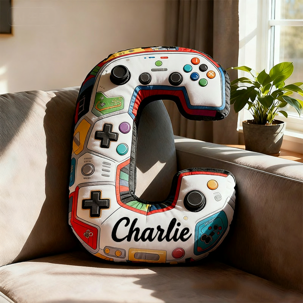 Personalized Graphic 3D Print Gamer Alphabet Shaped Pillow for Game Lovers Initial Pillow Christmas Gift for Kids