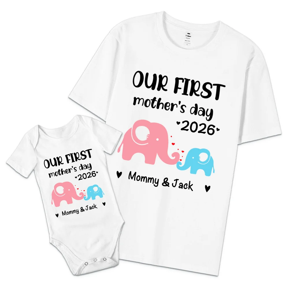 Personalized Cute Bear Bunny Giraffe 100% Cotton T-Shirt and Baby Onesie Our First Mother's Day T-shirt Funny Mummy and Baby Gift Mama and Me tee Baby bodysuit